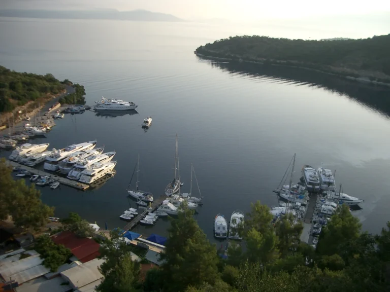 Boats in Spilia bay seen from the hillside village of Spartochori on Meganisi